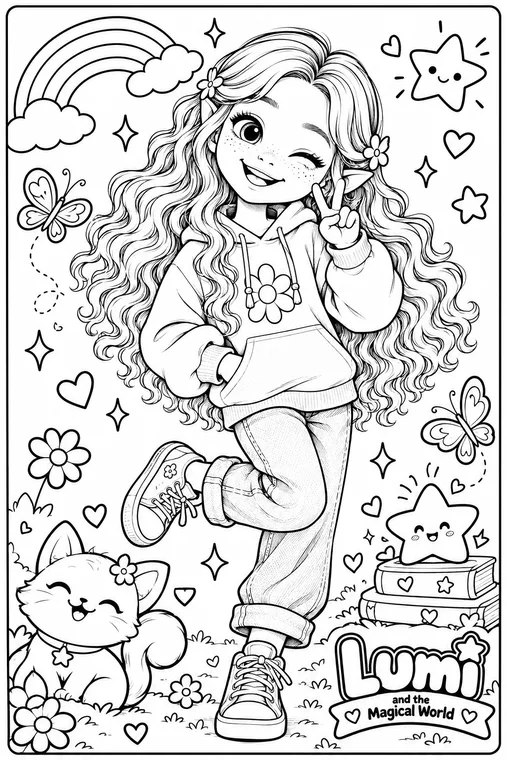 Lumi says peace coloring page, black and white line art