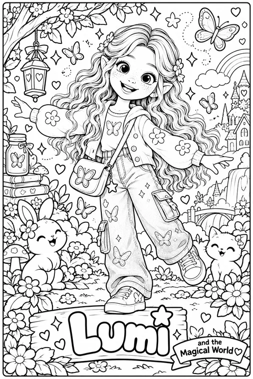 Lumi in the garden coloring page, black and white line art