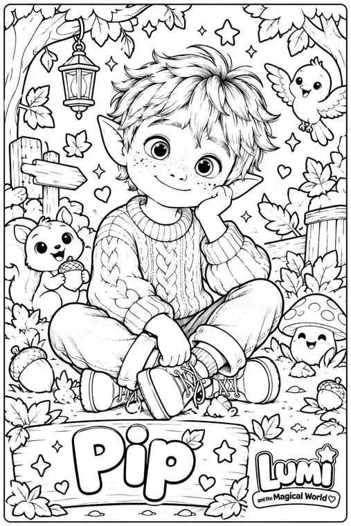 Pip in the woods coloring page, black and white line art