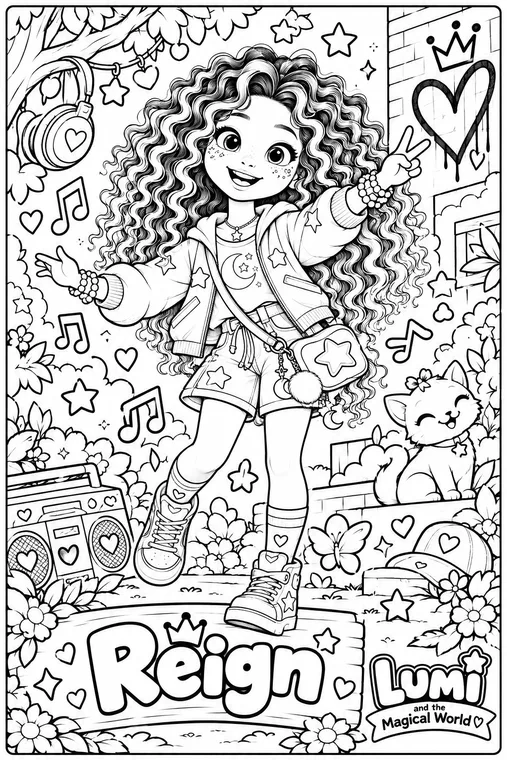 Reign rocks out coloring page, black and white line art
