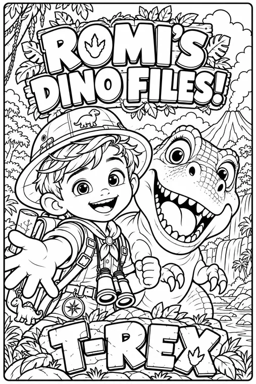 Romi's Dino Files: T-Rex coloring page, black and white line art