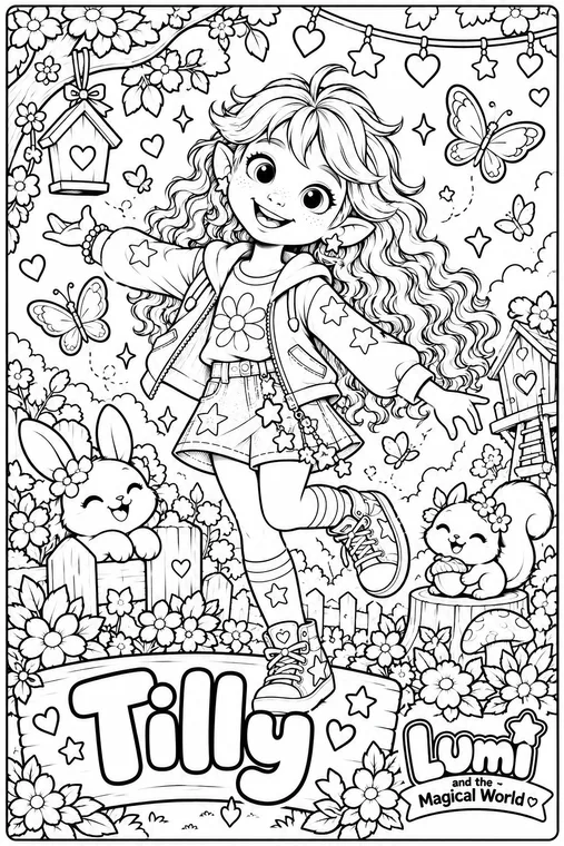 Tilly in the garden coloring page, black and white line art