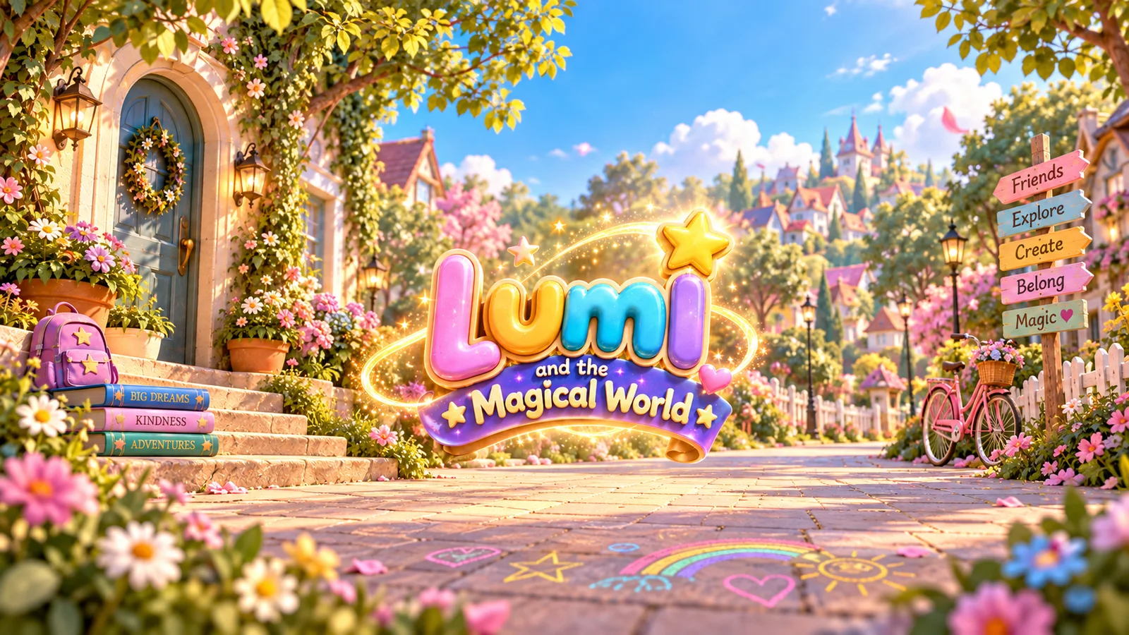 Lumi and the Magical World: a sunny village street with the series logo